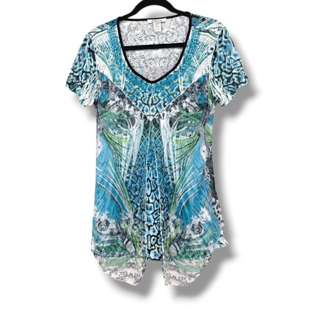 Elysee 26 Blouse‎ Top Medium Blue Green Abstract Print V Neck Short Sleeve